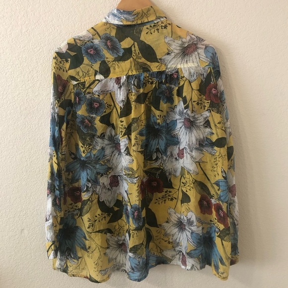 POL Oversized Floral Button Down Sheer Cotton Blouse in Yellow & Blue Size Large - Picture 5 of 9